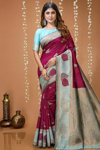 magenta silk blend zari weaving saree with blouse