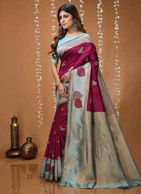 magenta silk blend zari weaving saree with blouse 3
