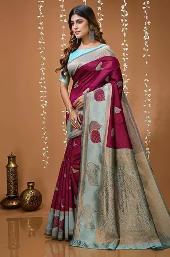 magenta silk blend zari weaving saree with blouse