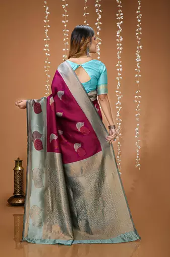 magenta silk blend zari weaving saree with blouse