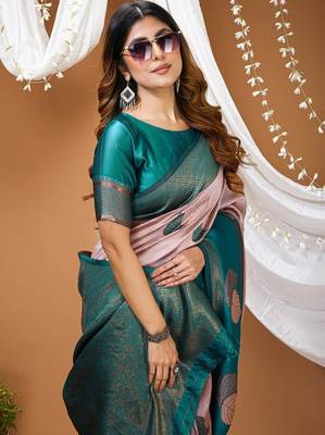 Multi color silk blend zari weaving saree with un-stitch blouse 4