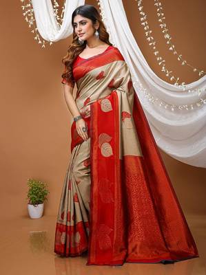 chiku silk blend zari weaving saree with blouse 2