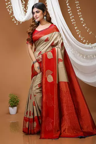 chiku silk blend zari weaving saree with blouse
