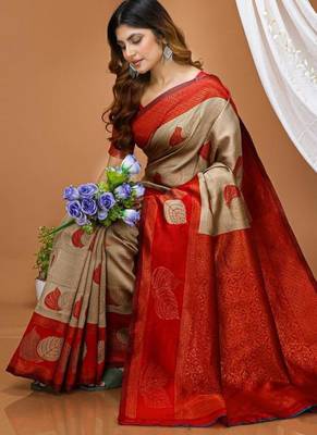 chiku silk blend zari weaving saree with blouse 4