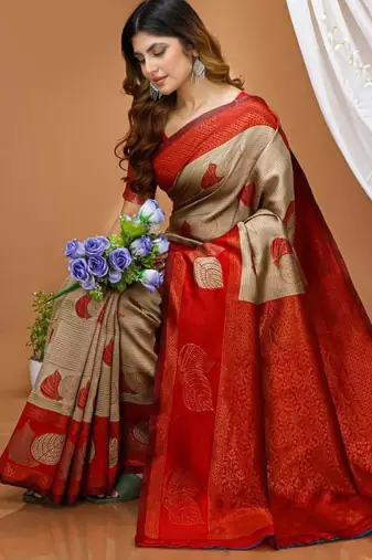 chiku silk blend zari weaving saree with blouse