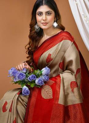 chiku silk blend zari weaving saree with blouse 5