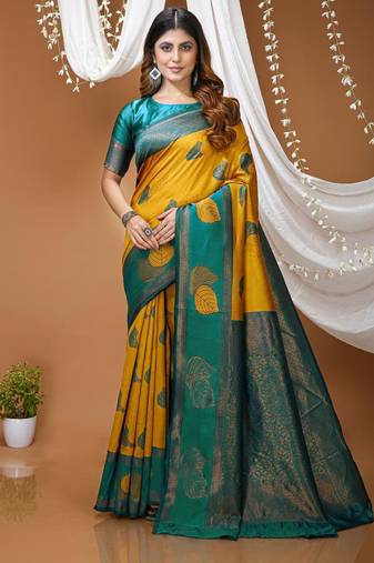 yellow silk blend zari weaving saree with blouse