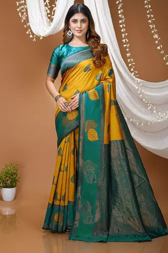 yellow silk blend zari weaving saree with blouse