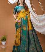yellow silk blend zari weaving saree with blouse