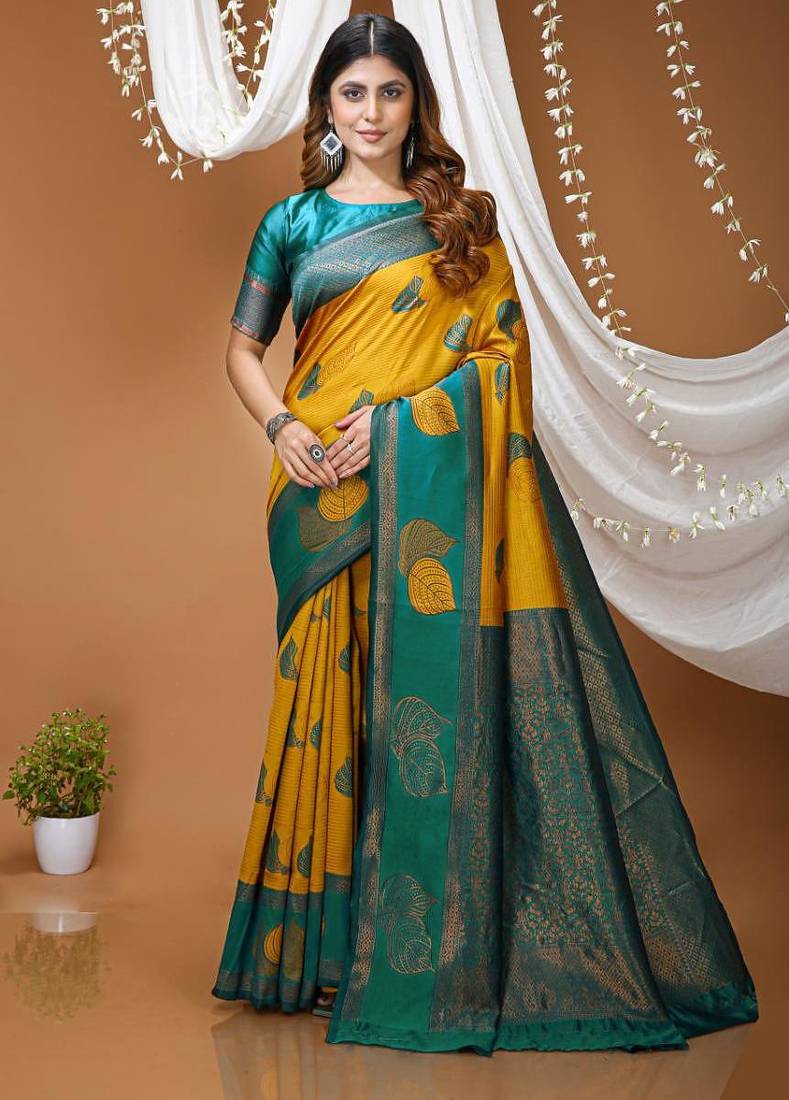 yellow silk blend zari weaving saree with blouse