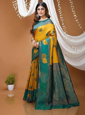 yellow silk blend zari weaving saree with blouse 2