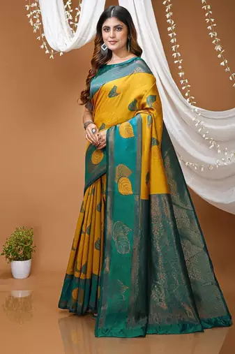 yellow silk blend zari weaving saree with blouse
