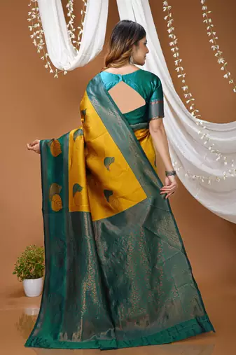 yellow silk blend zari weaving saree with blouse