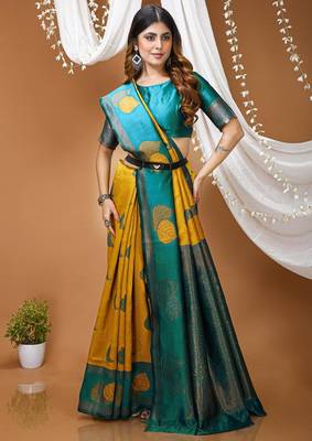 yellow silk blend zari weaving saree with blouse 4