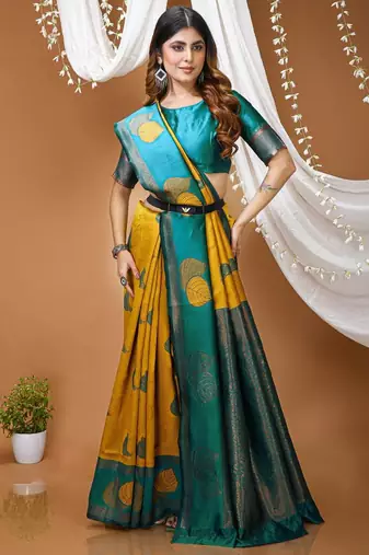 yellow silk blend zari weaving saree with blouse