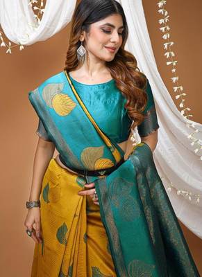 yellow silk blend zari weaving saree with blouse 5