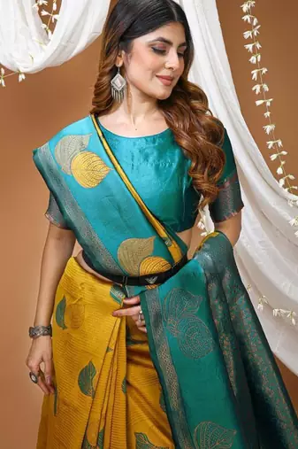 yellow silk blend zari weaving saree with blouse