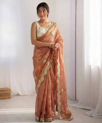 peach silk blend embroidered & lace border saree with blouse 1