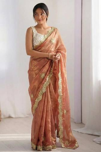 peach silk blend embroidered & lace border saree with blouse