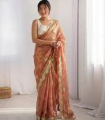 peach silk blend embroidered & lace border saree with blouse