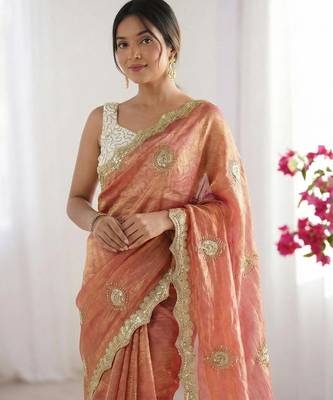 peach silk blend embroidered & lace border saree with blouse 2