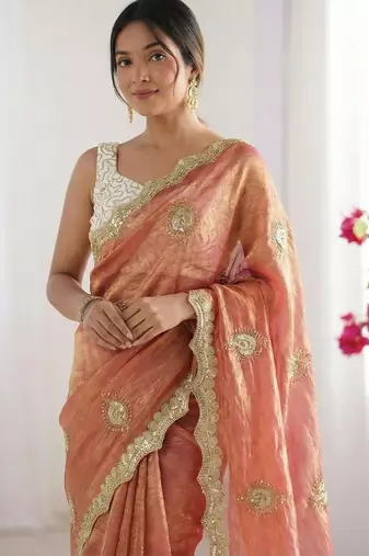 peach silk blend embroidered & lace border saree with blouse