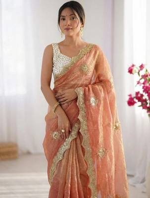 peach silk blend embroidered & lace border saree with blouse 3