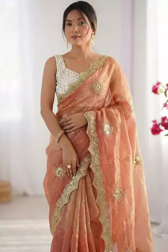 peach silk blend embroidered & lace border saree with blouse