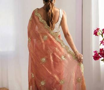 peach silk blend embroidered & lace border saree with blouse 4