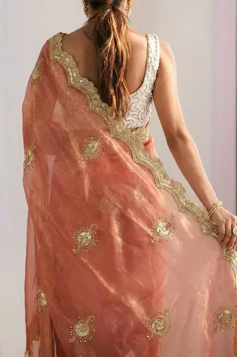 peach silk blend embroidered & lace border saree with blouse