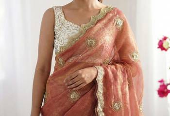 peach silk blend embroidered & lace border saree with blouse 5