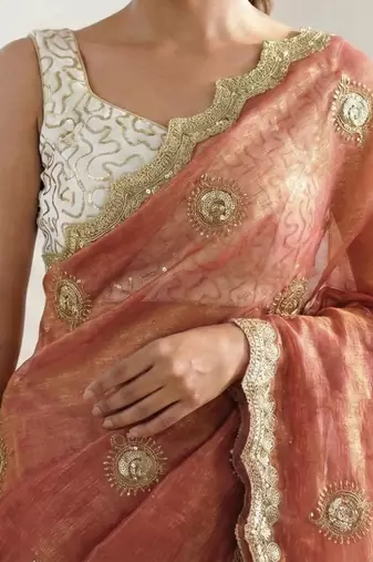 peach silk blend embroidered & lace border saree with blouse