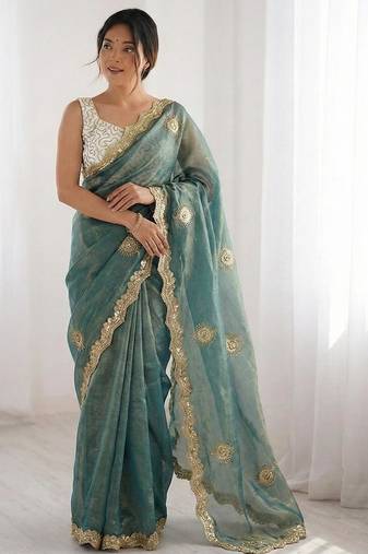 teal blue silk blend embroidered & lace border saree with blouse