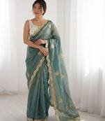teal blue silk blend embroidered & lace border saree with blouse