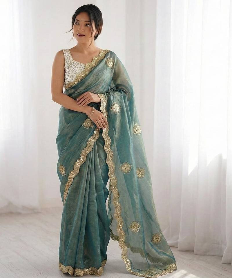 teal blue silk blend embroidered & lace border saree with blouse