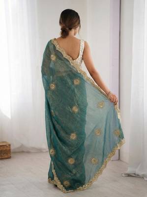 teal blue silk blend embroidered & lace border saree with blouse 2