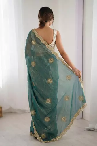 teal blue silk blend embroidered & lace border saree with blouse