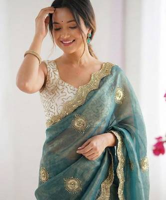 teal blue silk blend embroidered & lace border saree with blouse 3
