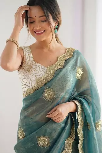 teal blue silk blend embroidered & lace border saree with blouse