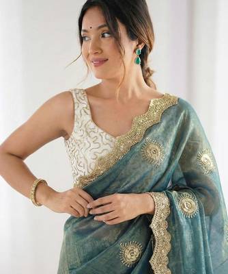 teal blue silk blend embroidered & lace border saree with blouse 4