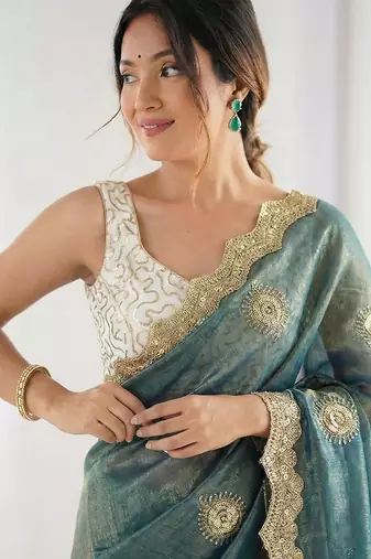 teal blue silk blend embroidered & lace border saree with blouse
