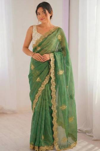 green silk blend embroidered & lace border saree with blouse