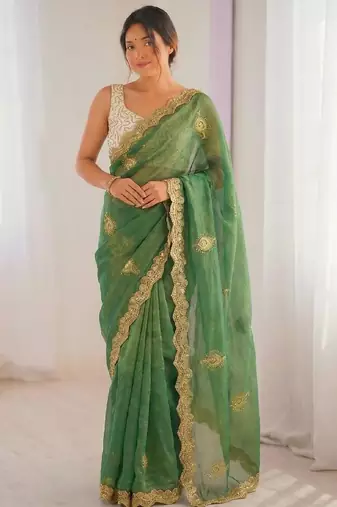 green silk blend embroidered & lace border saree with blouse