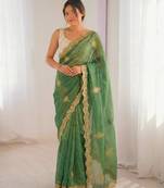 green silk blend embroidered & lace border saree with blouse