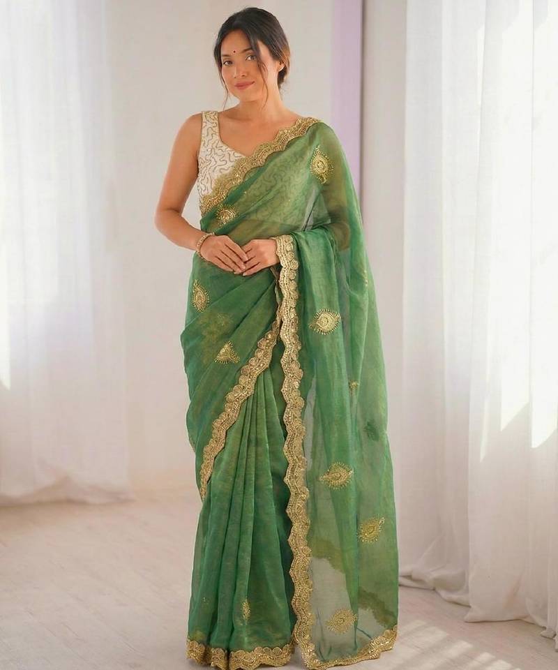 green silk blend embroidered & lace border saree with blouse