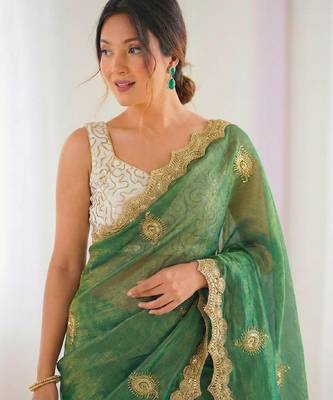 green silk blend embroidered & lace border saree with blouse 2