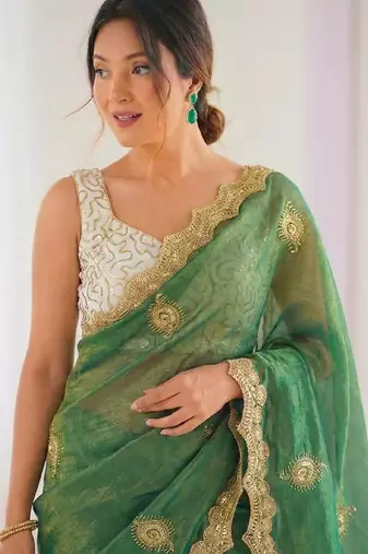 green silk blend embroidered & lace border saree with blouse