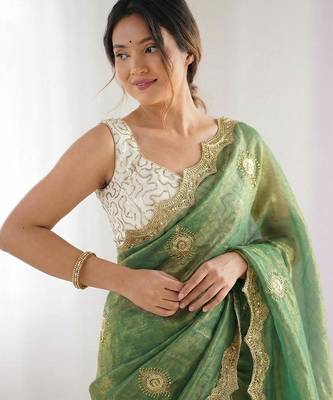 green silk blend embroidered & lace border saree with blouse 3