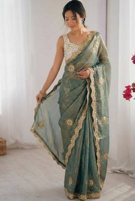 green silk blend embroidered & lace border saree with blouse 4