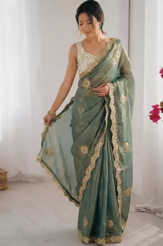 green silk blend embroidered & lace border saree with blouse